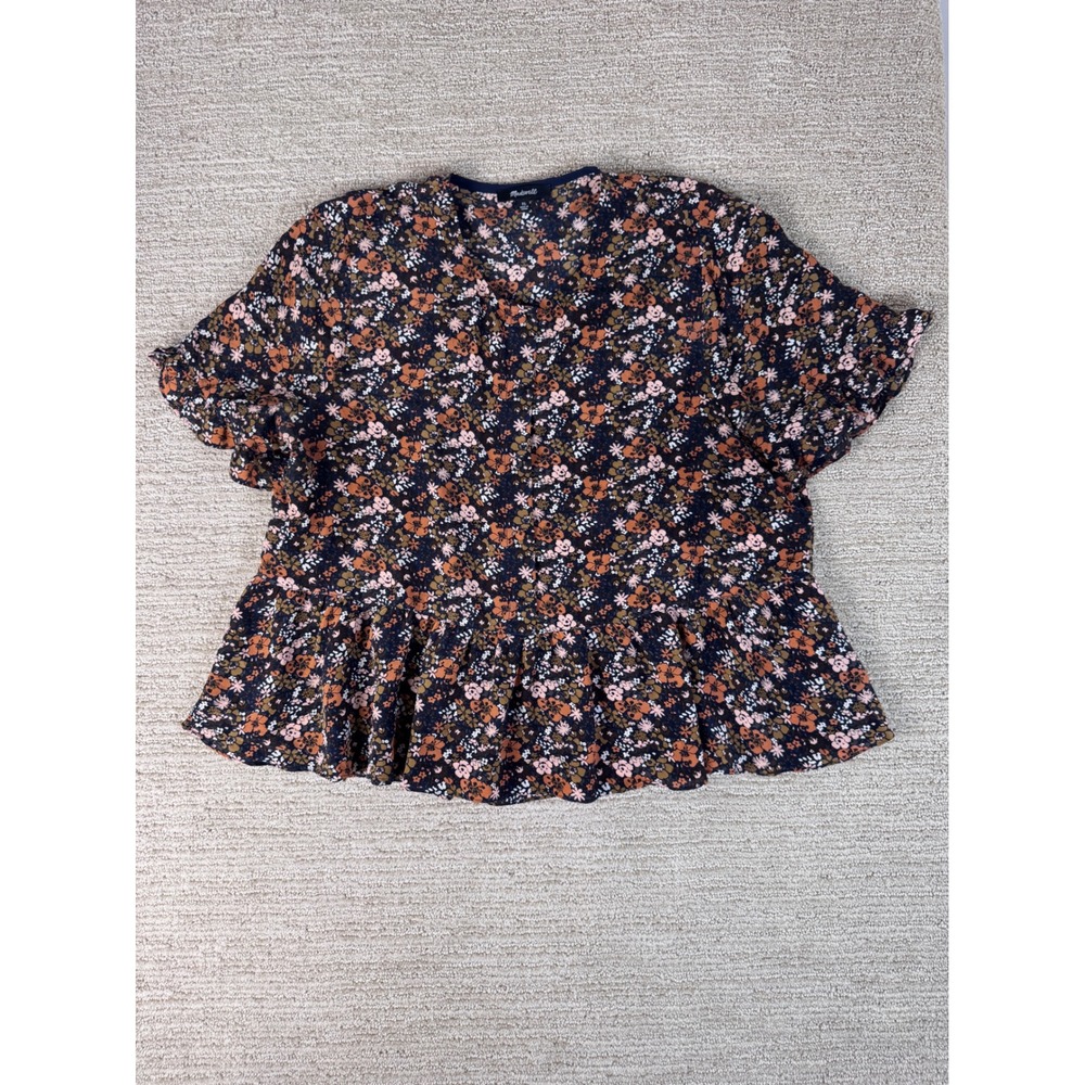 Madewell 100% Silk Floral Peplum Button Front Top XL Navy Orange Flutter Sleeve